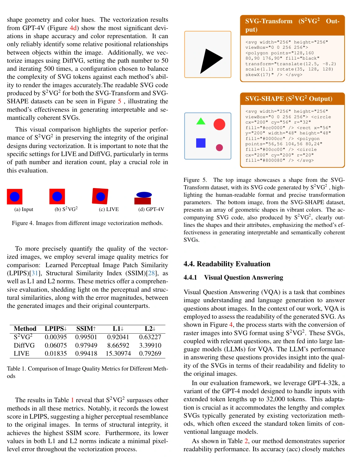 Image-quality comparisons and examples of readable SVG output.